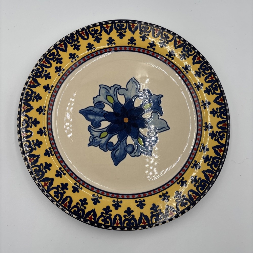 Williams-Sonoma Yellow Rim Blue Flower Dinner Plate Italian Sicily, 11" Diameter